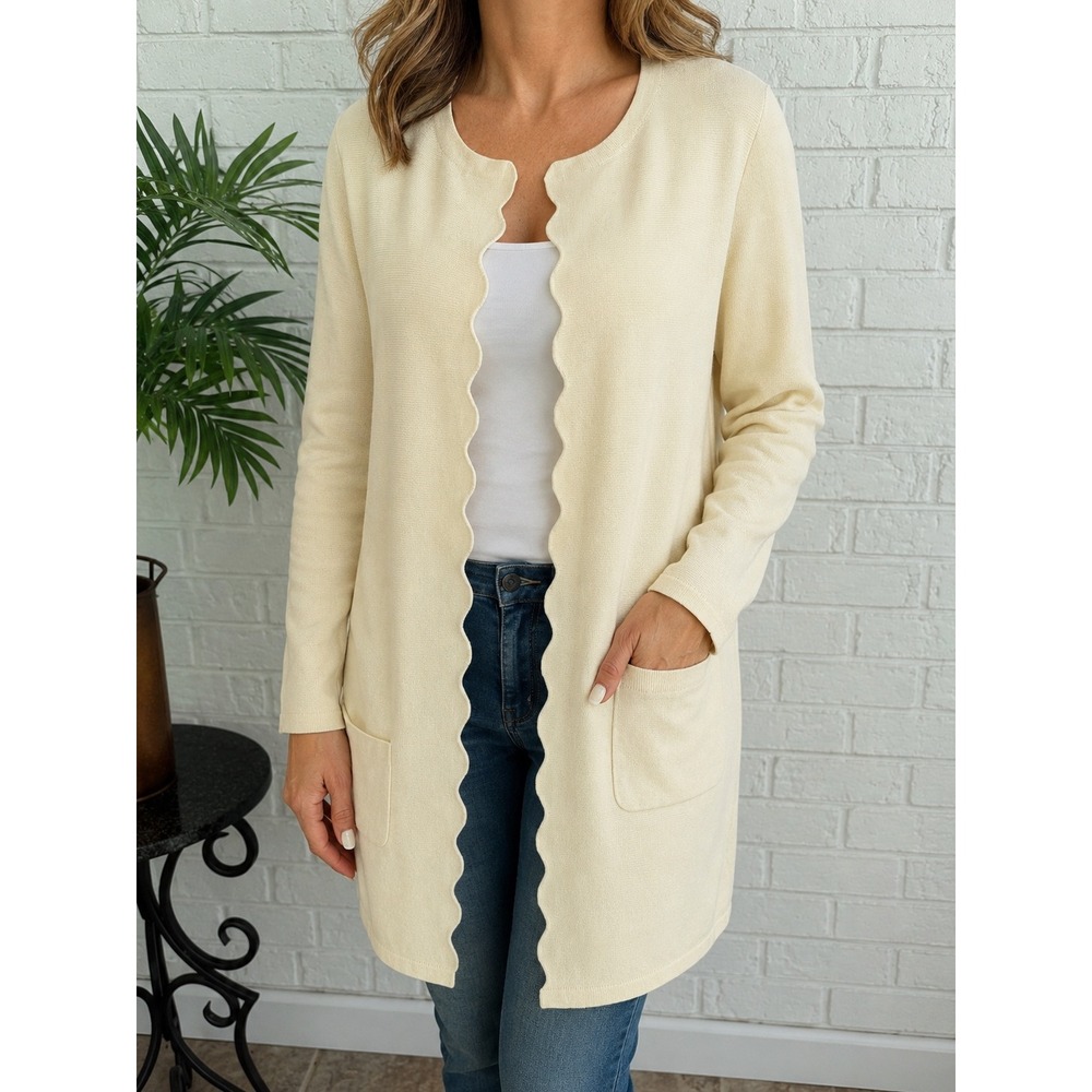 Talbot Scalloped Cardigan Women Small Ivory NWT Longline Open Front Knit Sweater